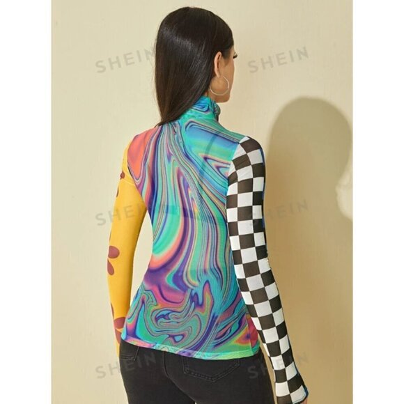 SHEIN Mesh Y2K Love Smiley face Psychedelic Mock Neck Colorblock Graphic Top S - Picture 4 of 11